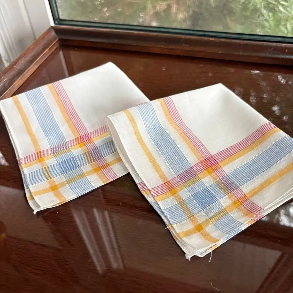 Vintage Plaid Cotton Handkerchief Set Blue Yellow Red 11x11